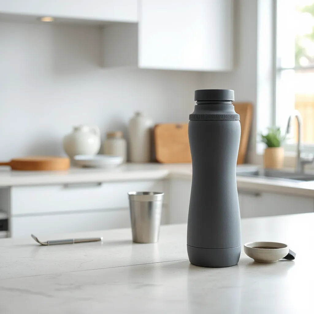 Silicone folding water bottle standing on a kitchen counter, compact and partially folded.