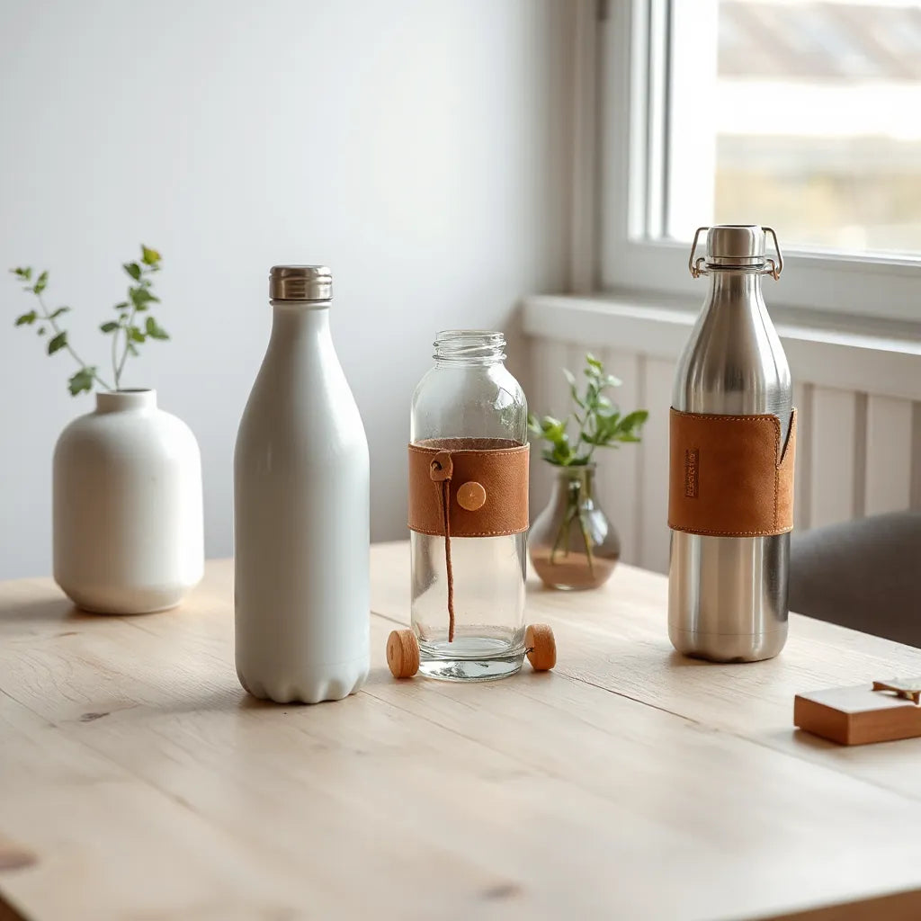 Three handcrafted water bottles on a wood table with soft daylight and minimal greenery.