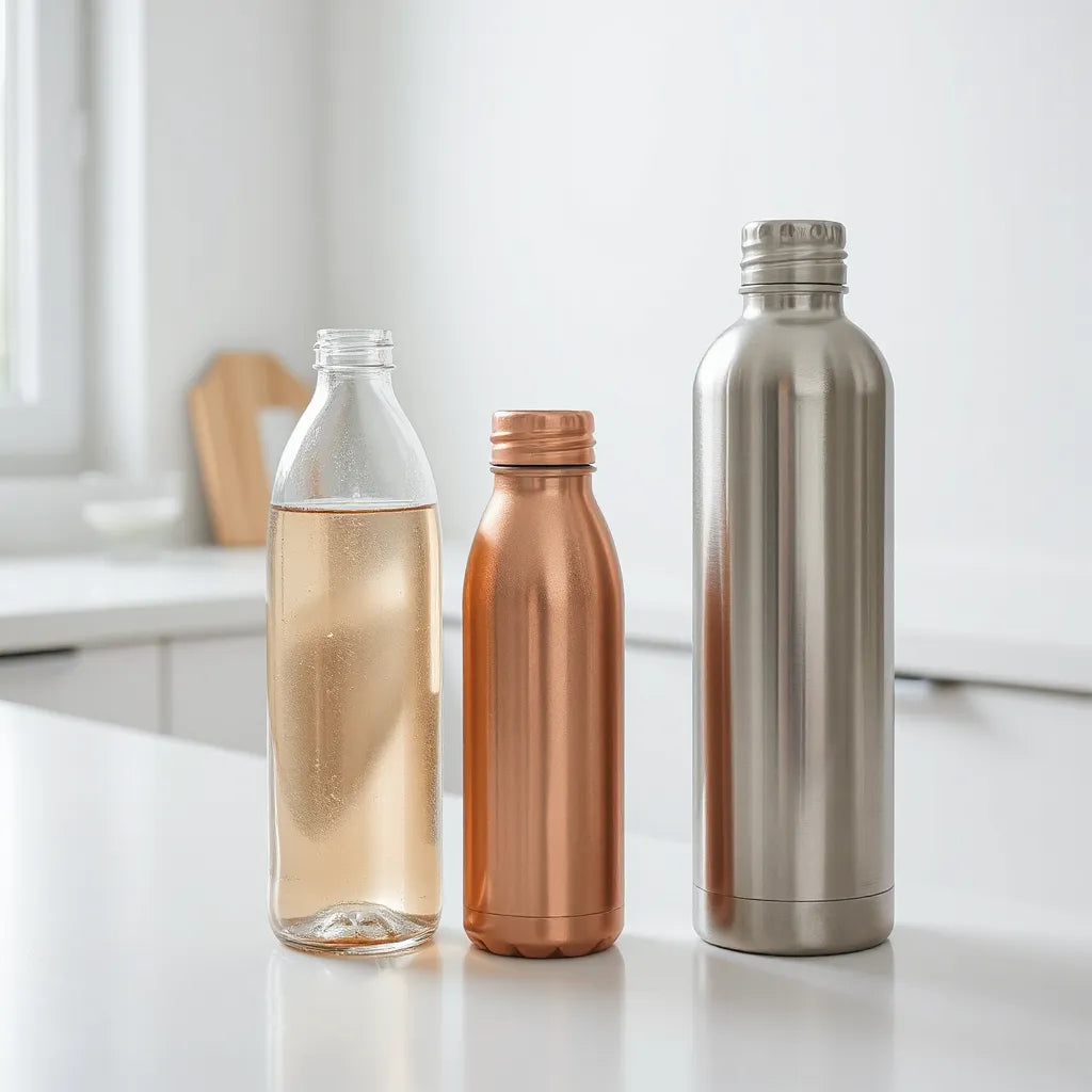 Glass, copper, and stainless steel water bottles on a kitchen counter with soft natural light