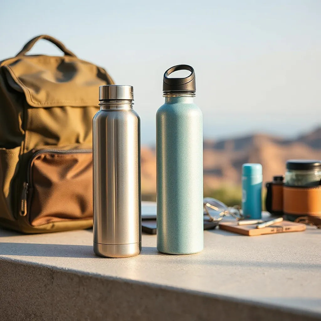Durable stainless and BPA-free travel water bottles with leakproof lids beside a backpack