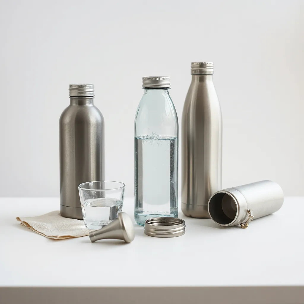 Premium stainless steel bottles with lids on a clean countertop under soft natural light