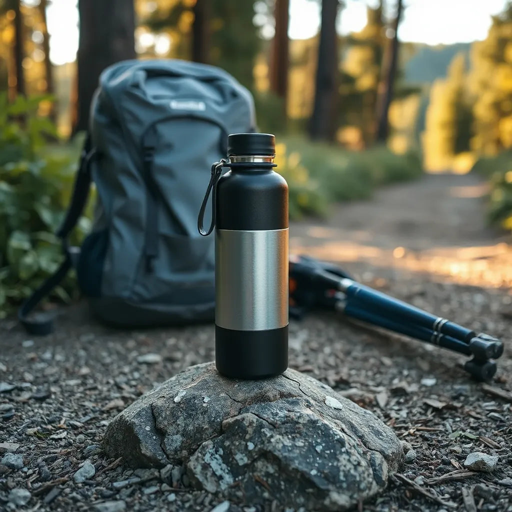 Durable water bottle beside a hiking backpack and trekking poles on a forest trail