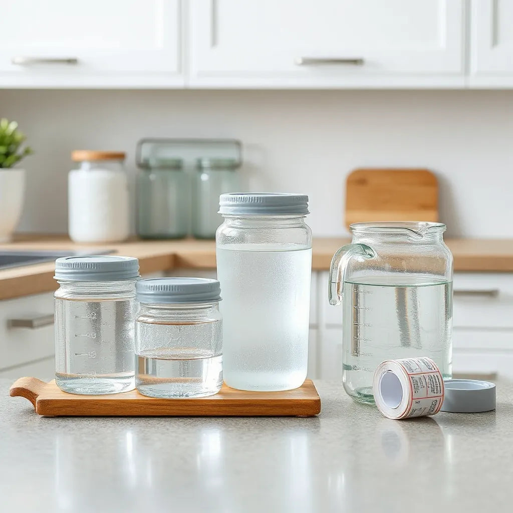 Reusable water storage containers with lids on a clean kitchen countertop