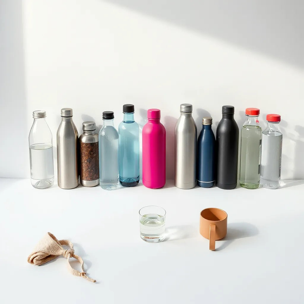 Assorted distinctive water bottles displayed in a neat lineup with natural light and soft shadows
