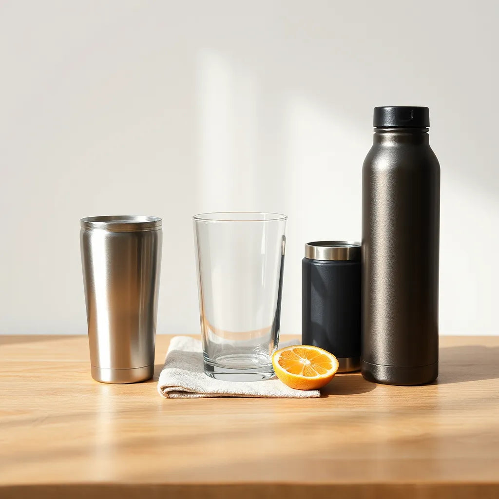 Three modern drinking vessels in stainless steel, glass, and insulated styles on a wooden surface with natural light