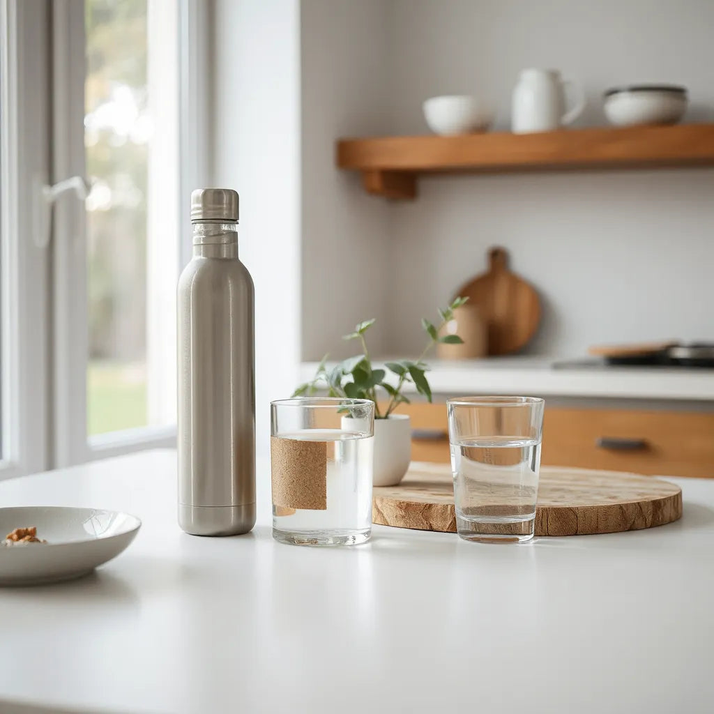 Reusable water bottle and glass cup on a clean countertop with natural light and a small plant