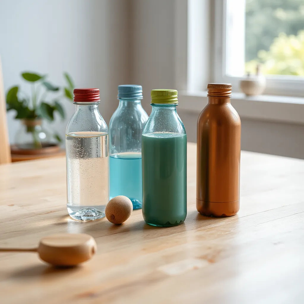 Handmade water bottles with visible textures and caps arranged on a wooden table by a sunlit window