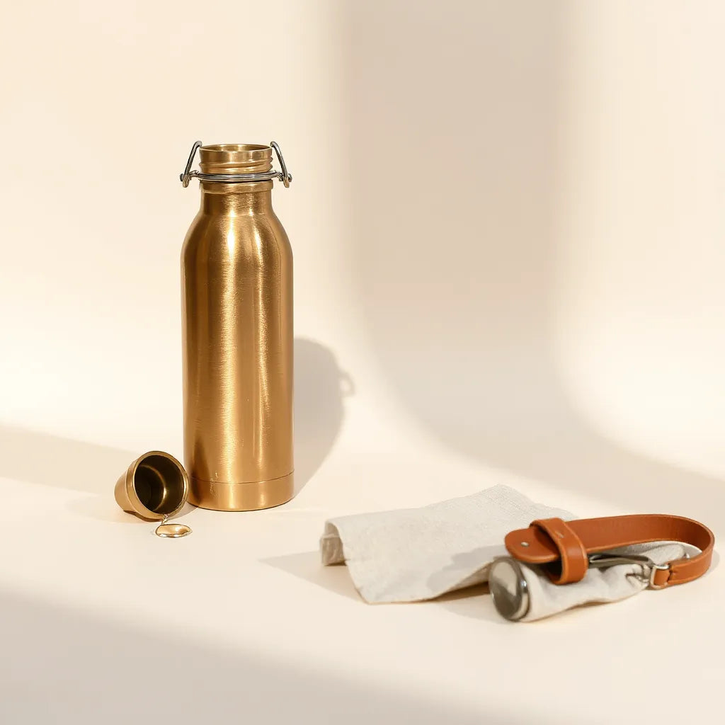 Polished brass water bottle with soft cloth and water drops on a neutral background