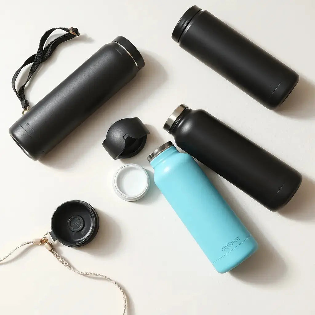 Designer water bottles with matching lids arranged neatly on a clean light surface