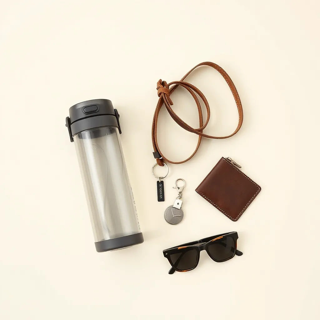 Stylish reusable water bottle with crossbody strap and matching sleeve on a neatly arranged daily carry