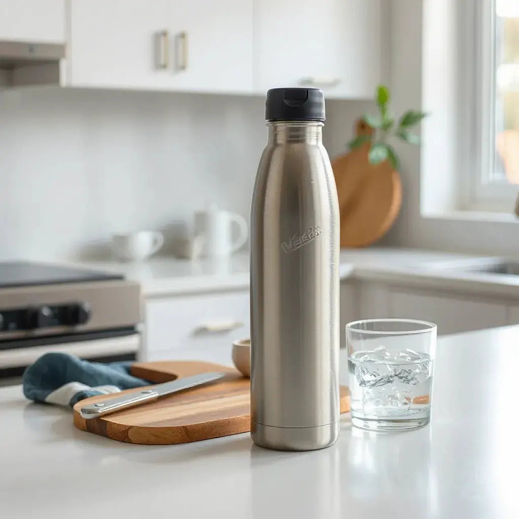 Insulated stainless steel water bottle with condensation on a kitchen counter beside a glass of ice water