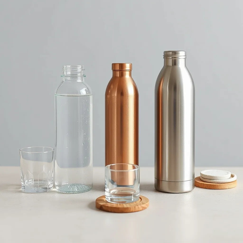Glass, copper, and stainless steel reusable water bottles standing side by side with fresh water droplets