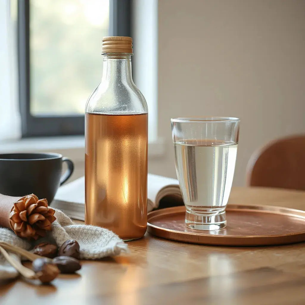 Copper water bottle with a glass of water on a minimalist table in warm natural light