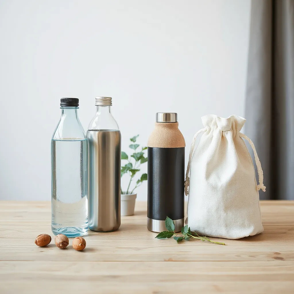 Eco-friendly water containers and reusable bottle accessories on a wooden table with a small plant