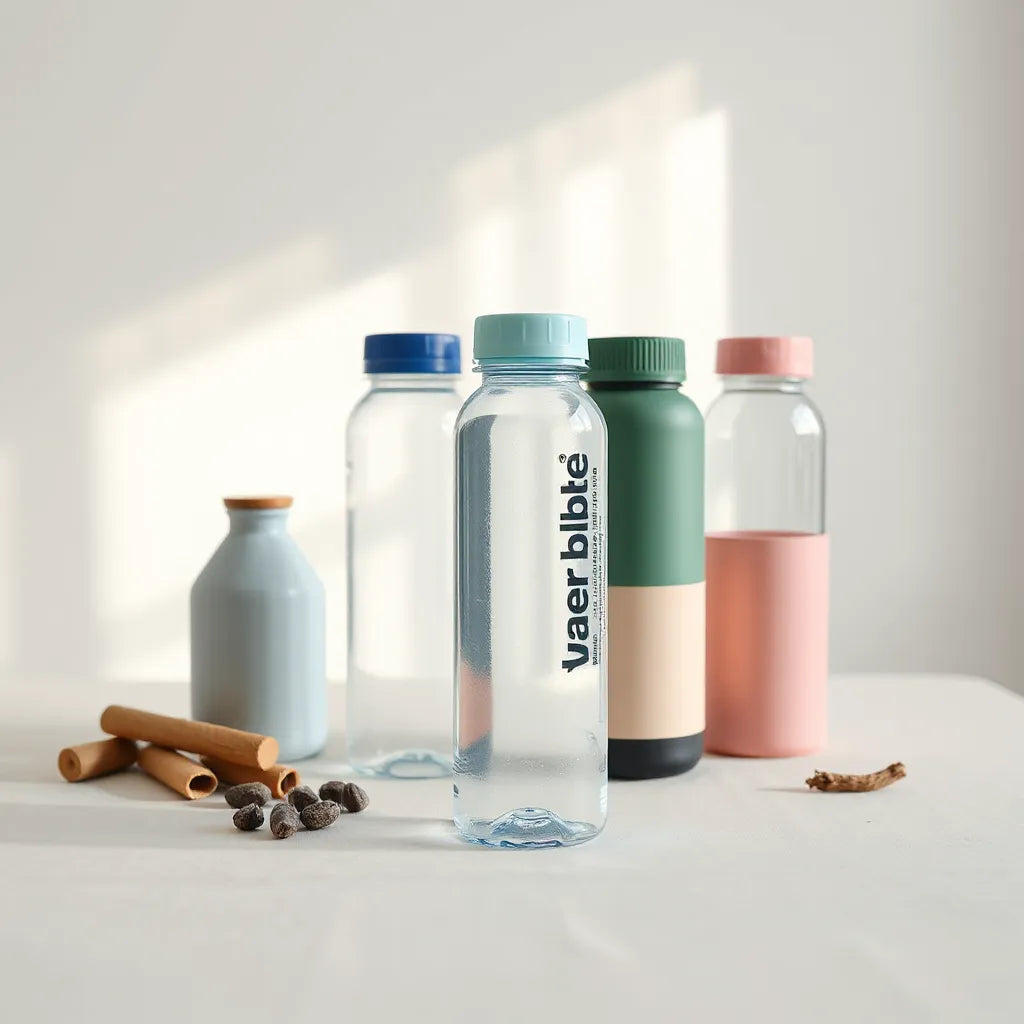 Assorted customizable water bottles with different colors and label areas on a clean tabletop
