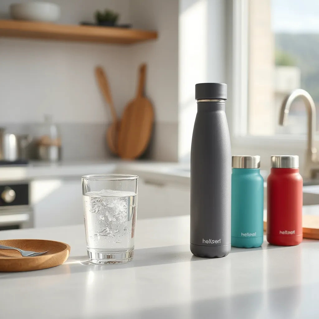Stylish reusable water bottles with clear water on a bright kitchen countertop