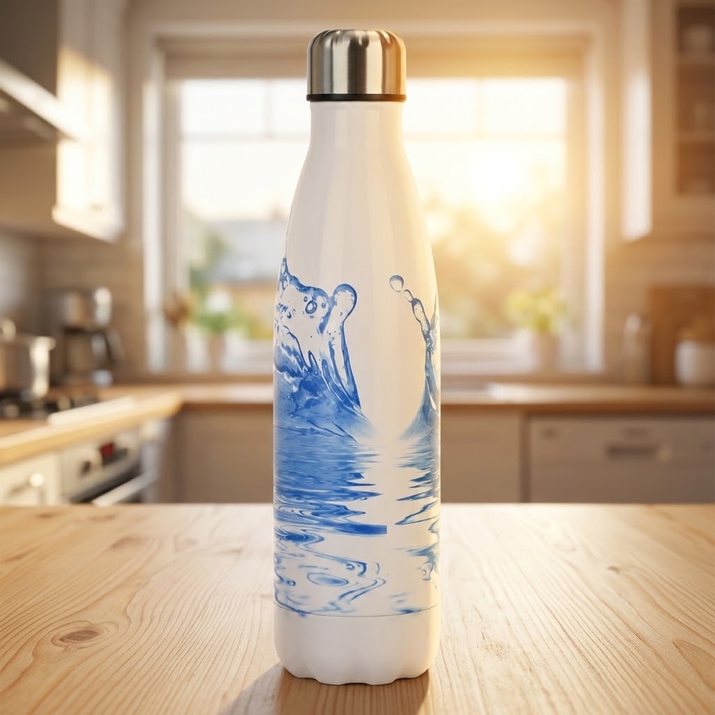 ColorPop Cola-Shaped Stainless Steel Bottle — 500ml on a kitchen countertop