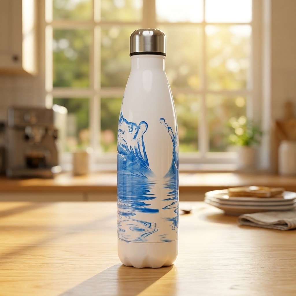 ColorPop Cola-Shaped Stainless Steel Bottle — 500ml with slices of toast on a kitchen table