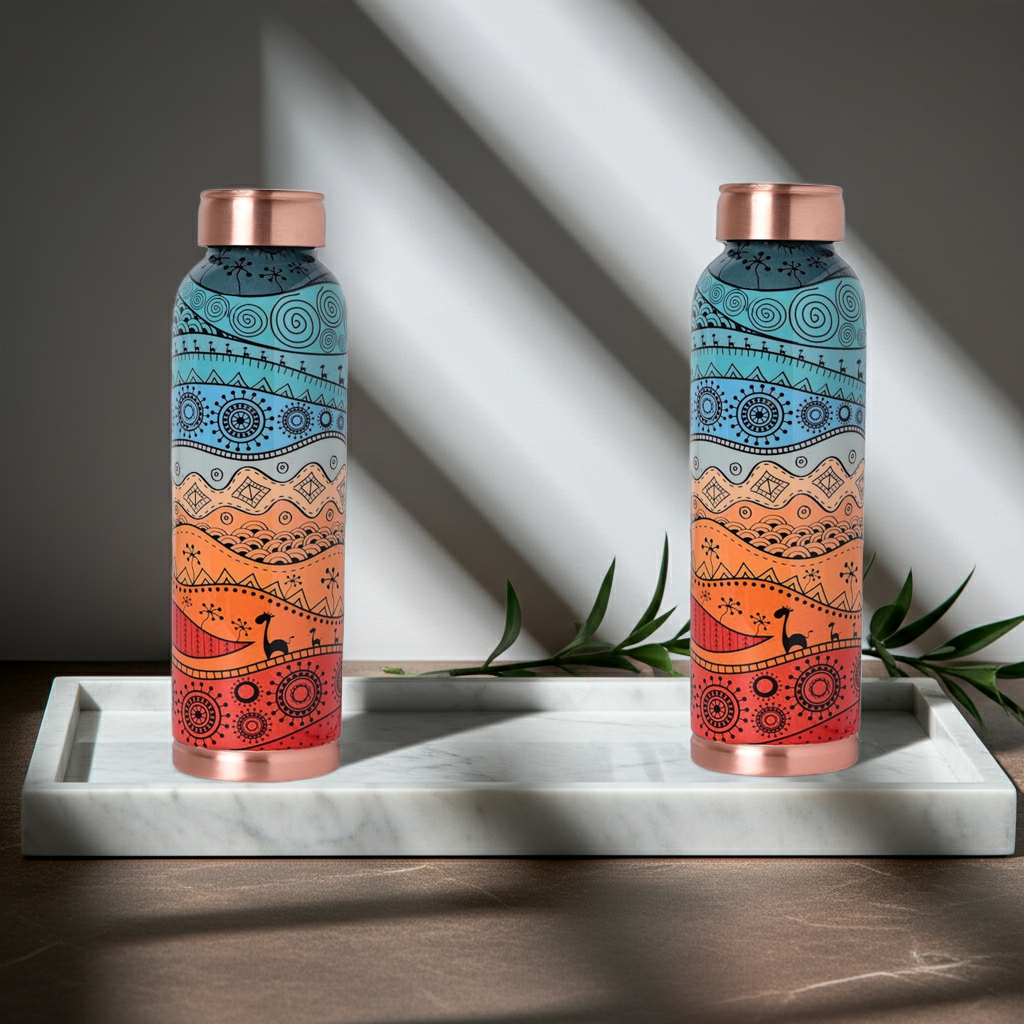 Decorative India Copper Printed Design 1 Liter Water Bottle Pack of 2 on a white tray in a minimalist room 