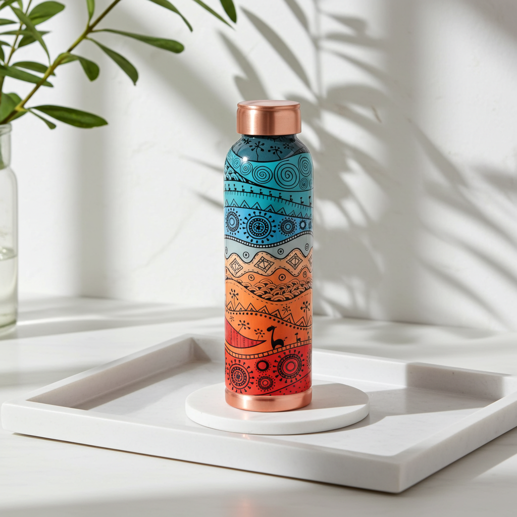 Decorative India Copper Printed Design 1 Liter Water Bottle Pack of 2 atop a white tray next to a houseplant in a room with white walls