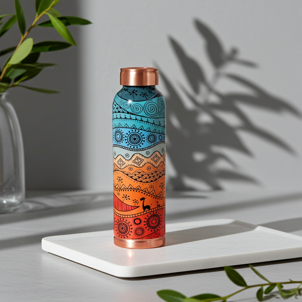 Decorative India Copper Printed Design 1 Liter Water Bottle Pack of 2 on a white tray next to houseplants casting shadows unto the grey walls
