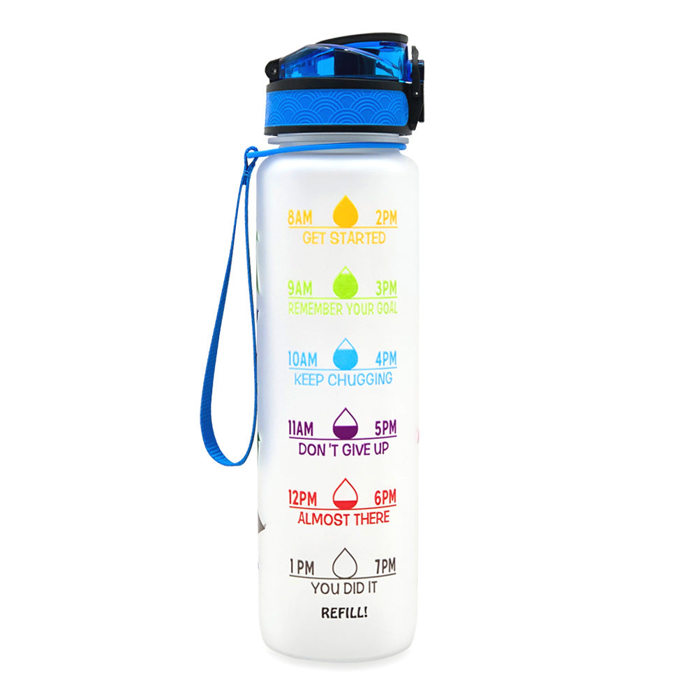 Rainbow-colored 1L Tritan bottle on a white background