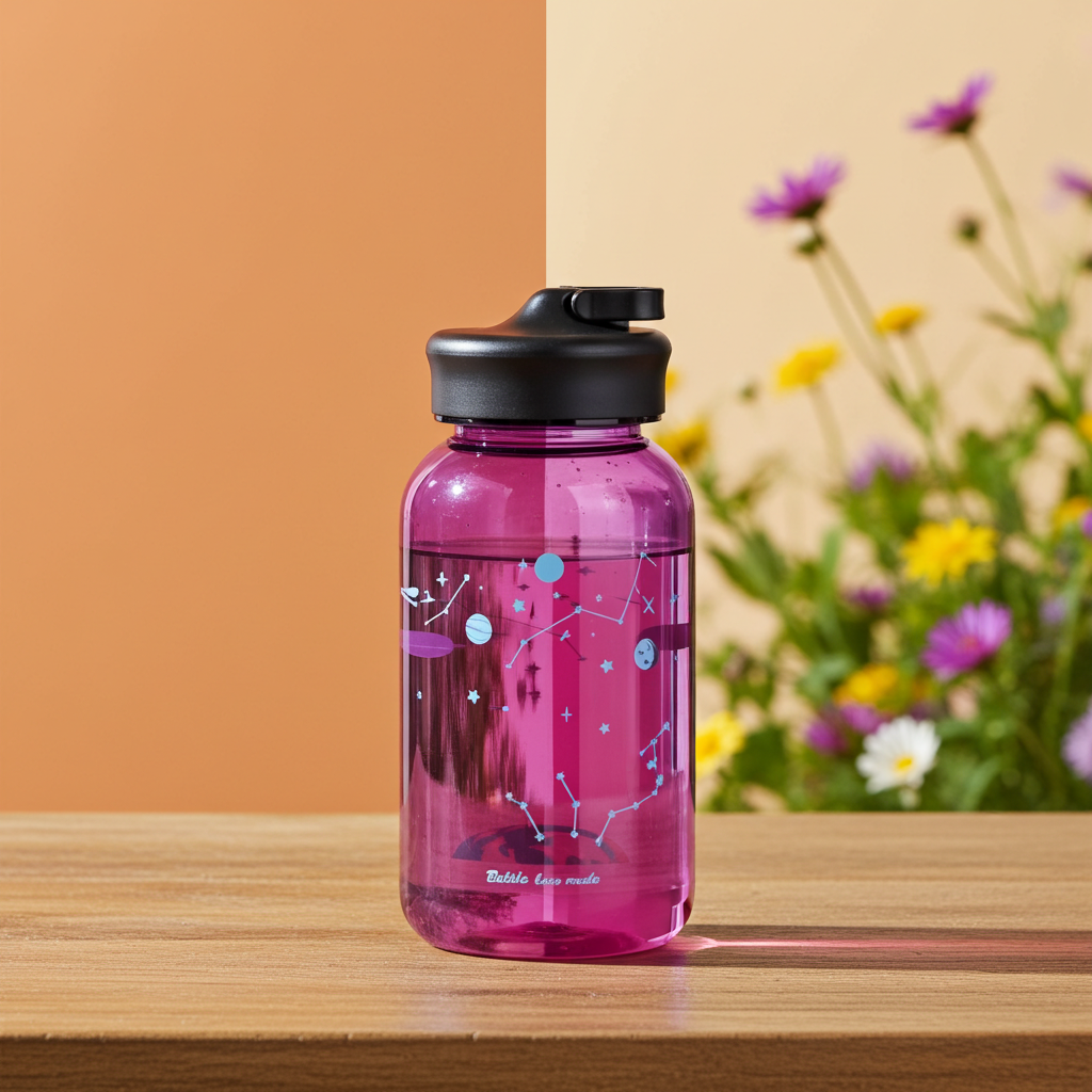 600ml Starry Sky Glass Water Bottle with Protective Sleeve & Phone Stand Handle on a wooden bench with flowers on a gradient background