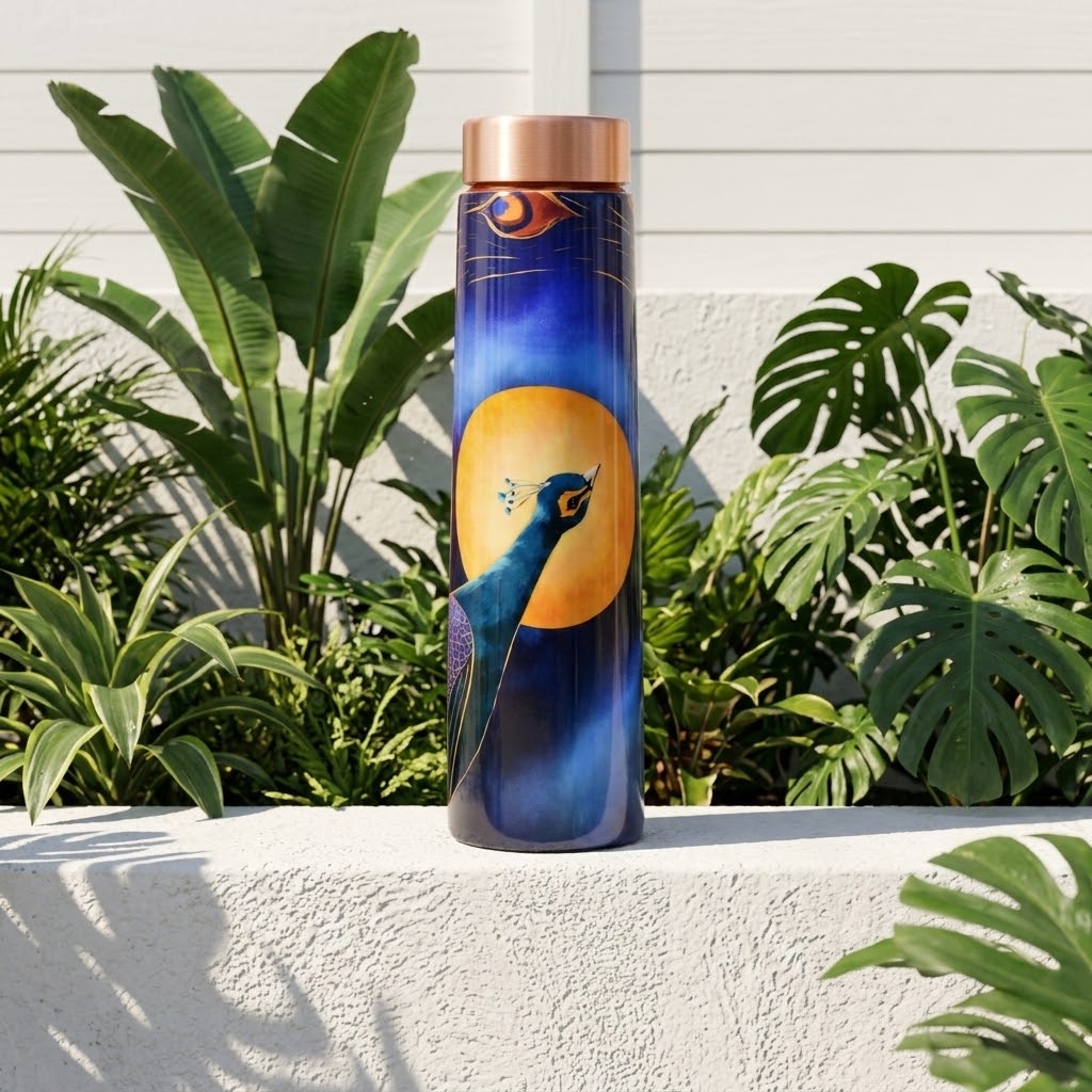 Sowpeace Peacock Moonlit Copper Bottle on a ledge in a summer garden scene