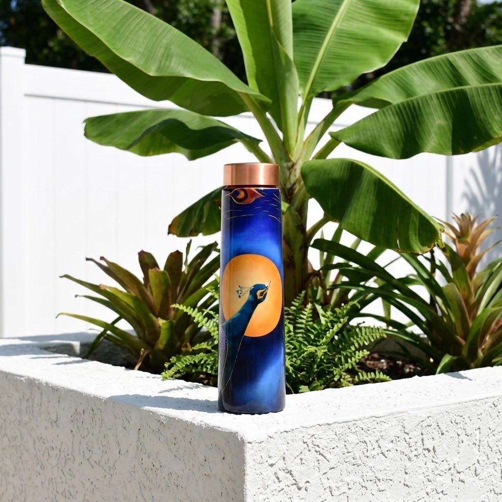 Sowpeace Peacock Moonlit Copper Bottle with plants in a summer garden