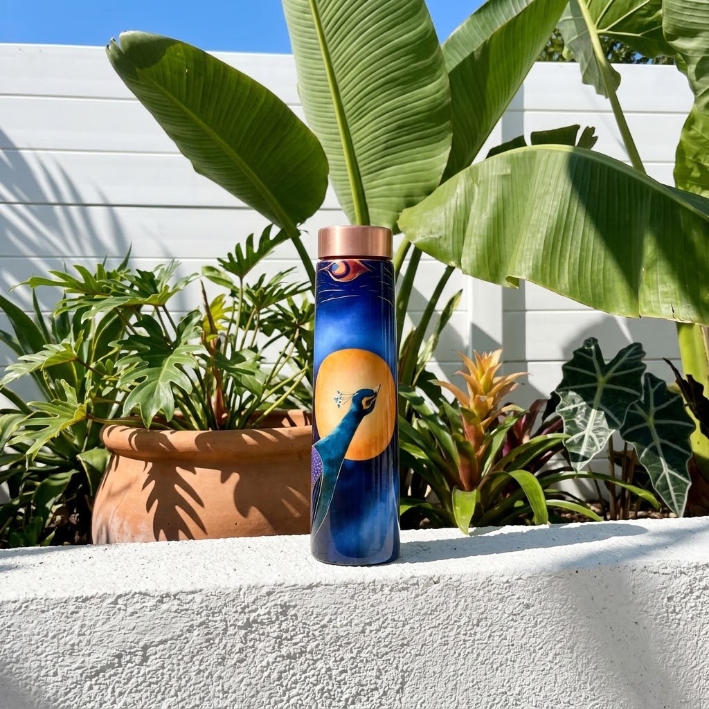 Sowpeace Peacock Moonlit Copper Bottle in a leafy summer garden