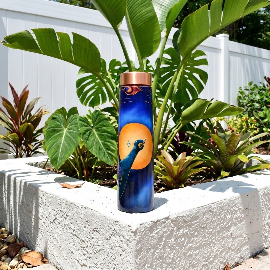Sowpeace Peacock Moonlit Copper Bottle with leafy green plants