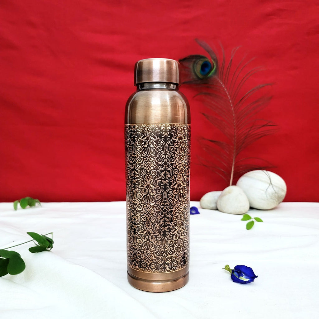 Pure Copper Water Bottle - Milton Antique Engraved Design (1 Liter)