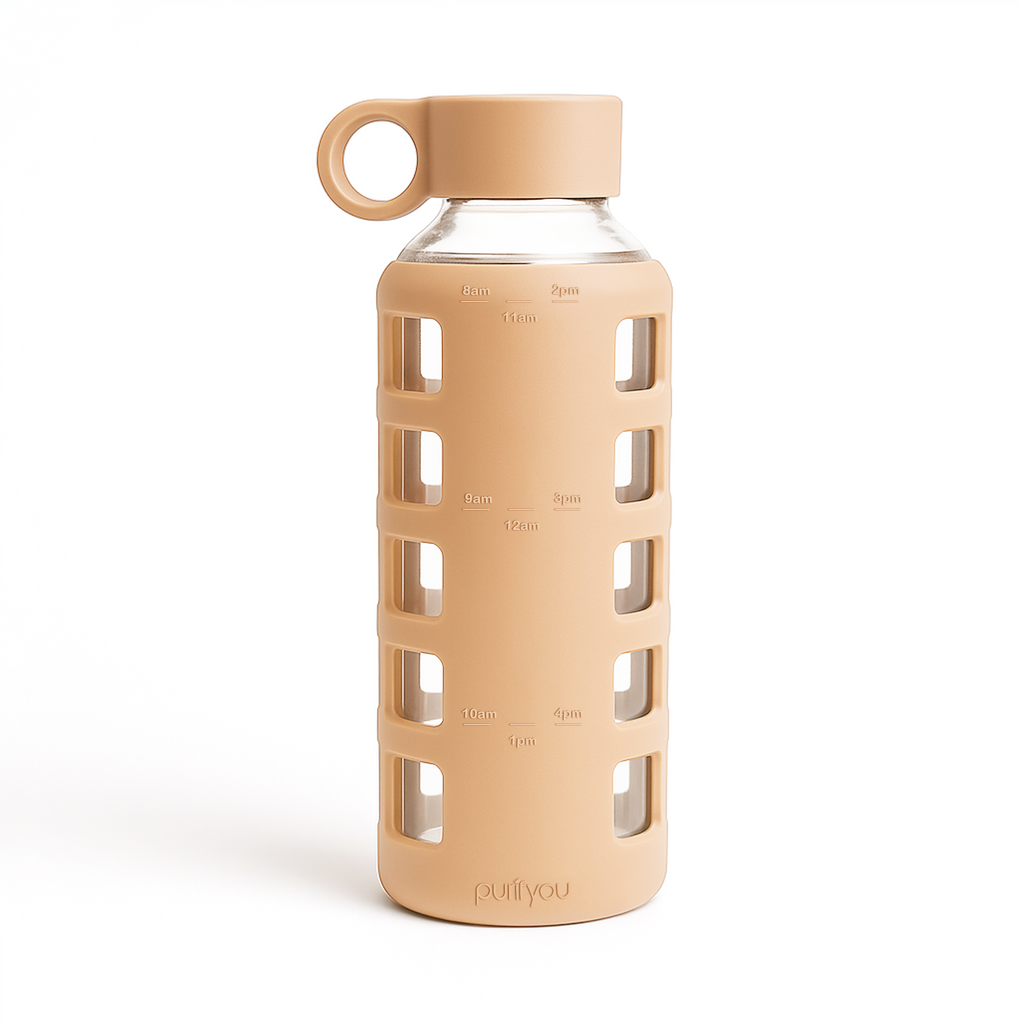 Purifyou 22oz Hazelnut glass water bottle with silicone sleeve