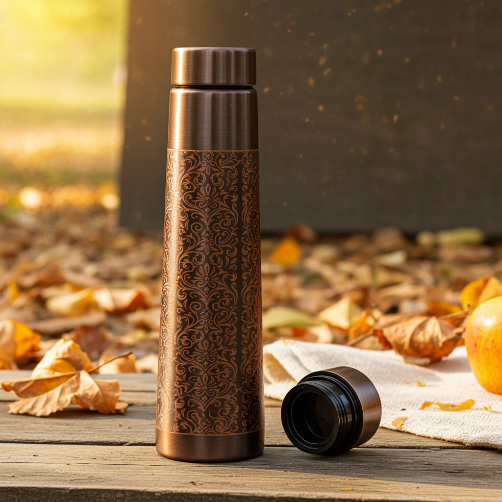 Pure Copper Heritage Bottle on a wooden outdoor table covered in fallen leaves