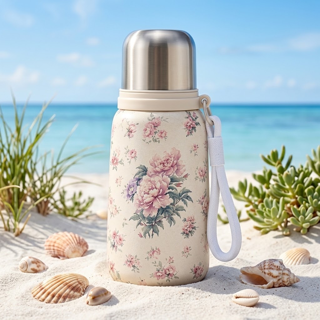 Floral Stainless Steel Insulated Bottle in beach sands