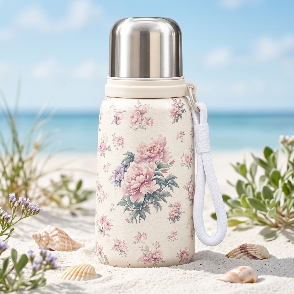 Floral Stainless Steel Insulated Bottle next to seashells and shoreline plants