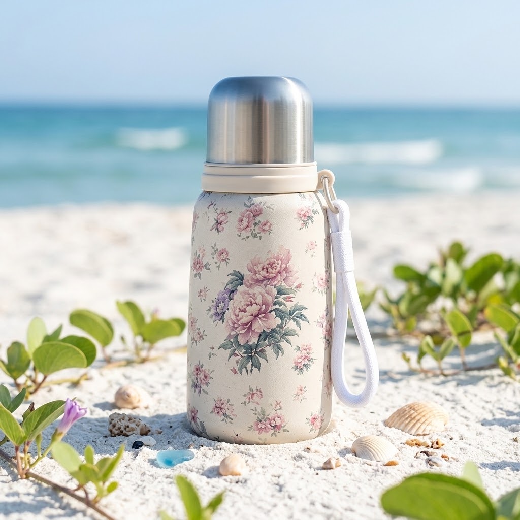 Floral Stainless Steel Insulated Bottle at a beach on a summer day