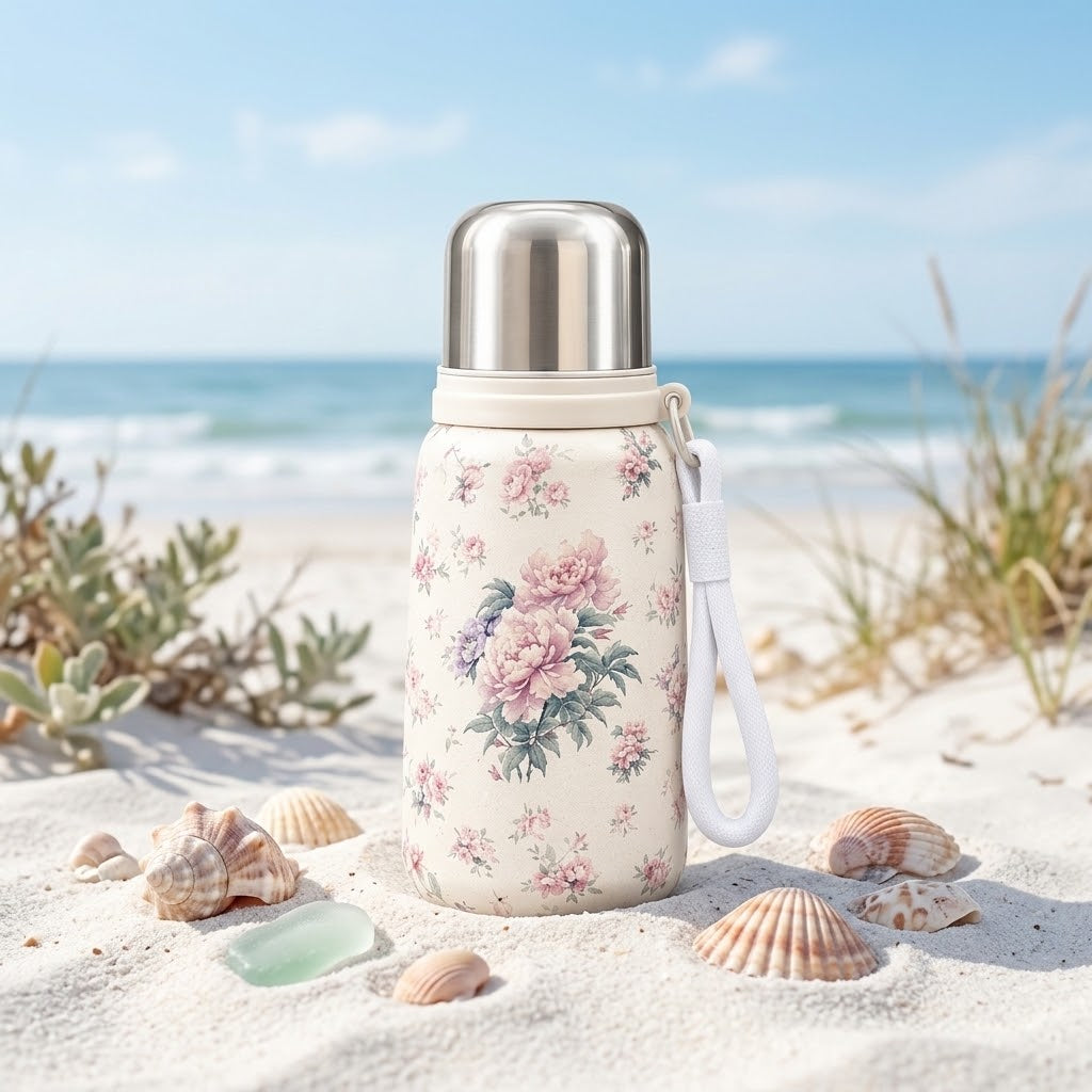 Floral Stainless Steel Insulated Bottle on a summer beach
