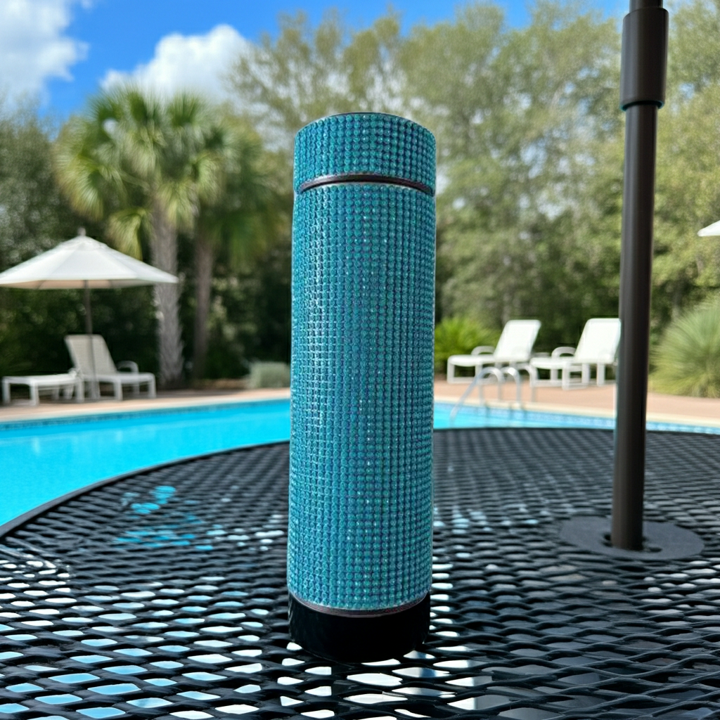 Diamond Luxe Smart Thermos Bottle on an outdoor table next to a pool 