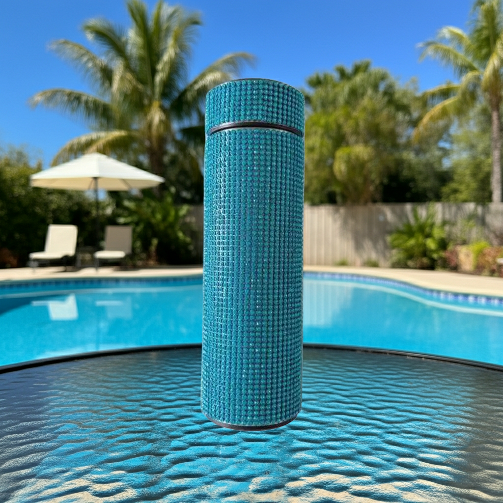 Diamond Luxe Smart Thermos Bottle on a transparent glass table poolside 