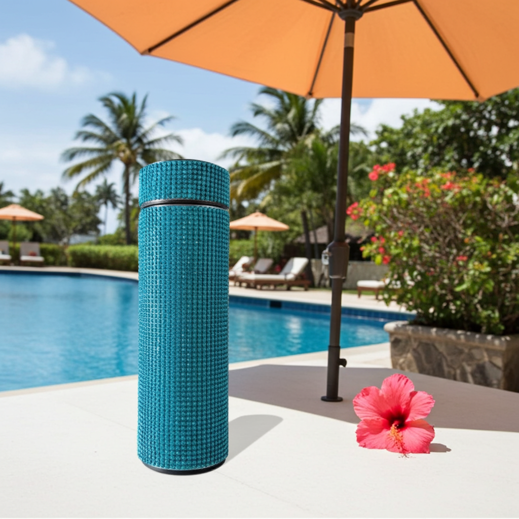 Diamond Luxe Smart Thermos Bottle poolside under an umbrella with a tropical flower