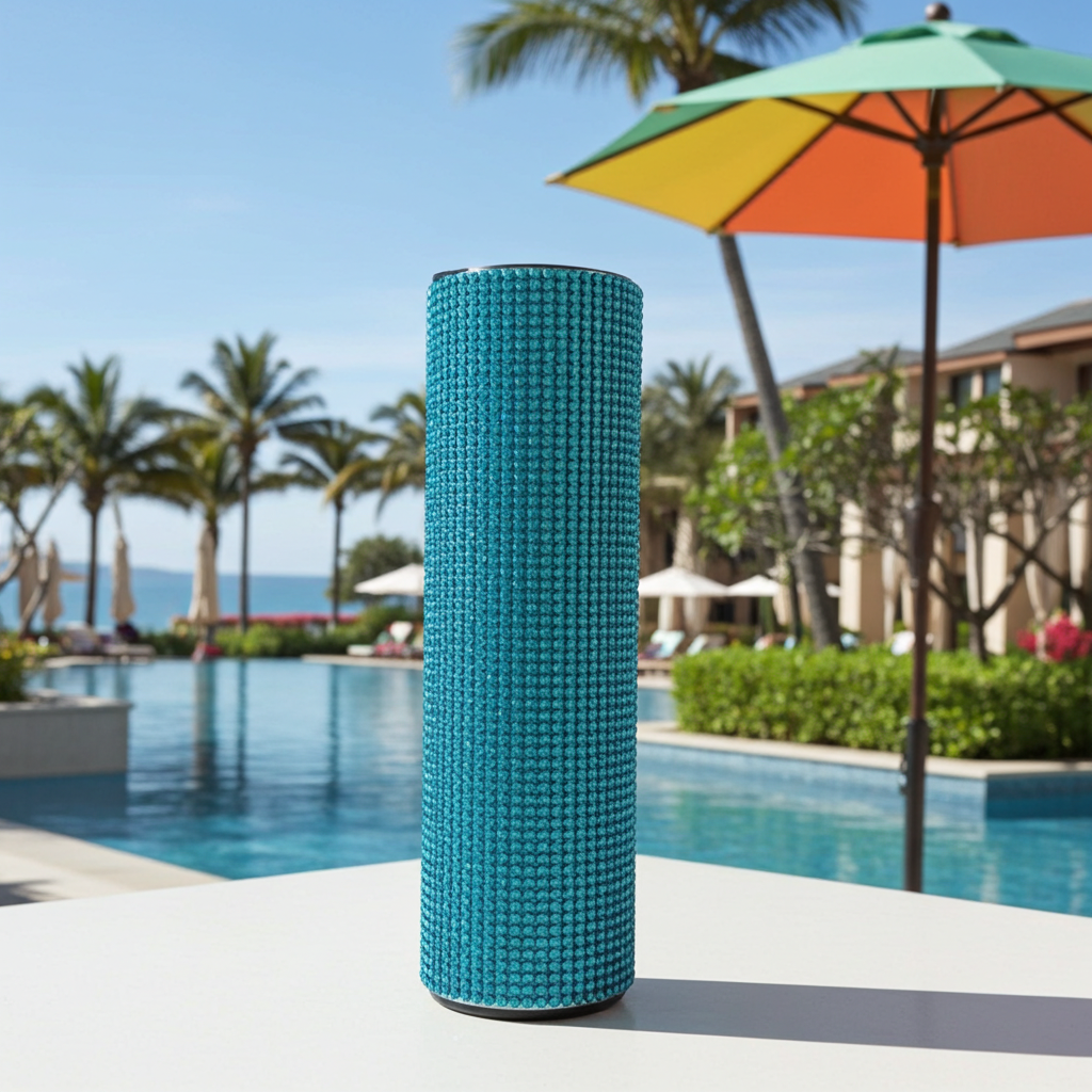 Diamond Luxe Smart Thermos Bottle next to a pool at a resort hotel