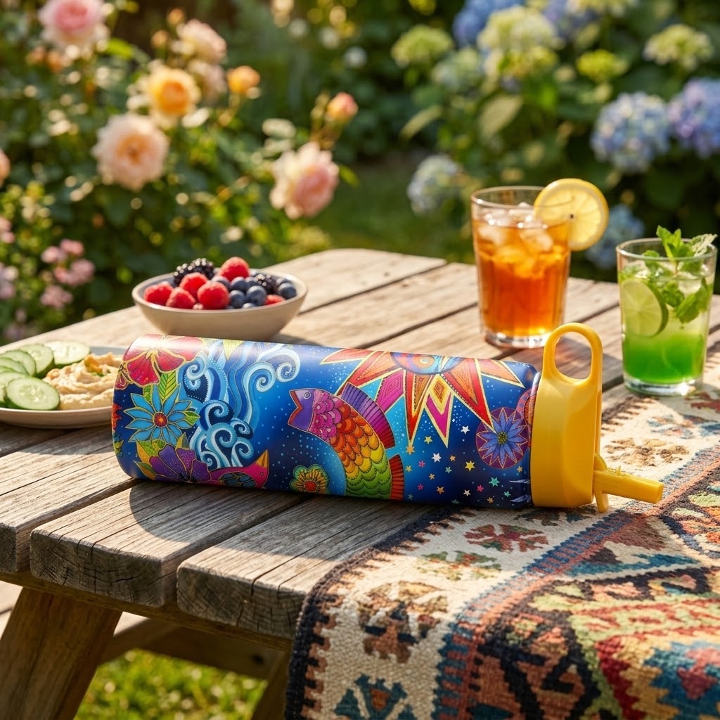 Laurel Burch "Celestial Magic" 24 oz Insulated Tumbler on picnic table with fruits and drinks