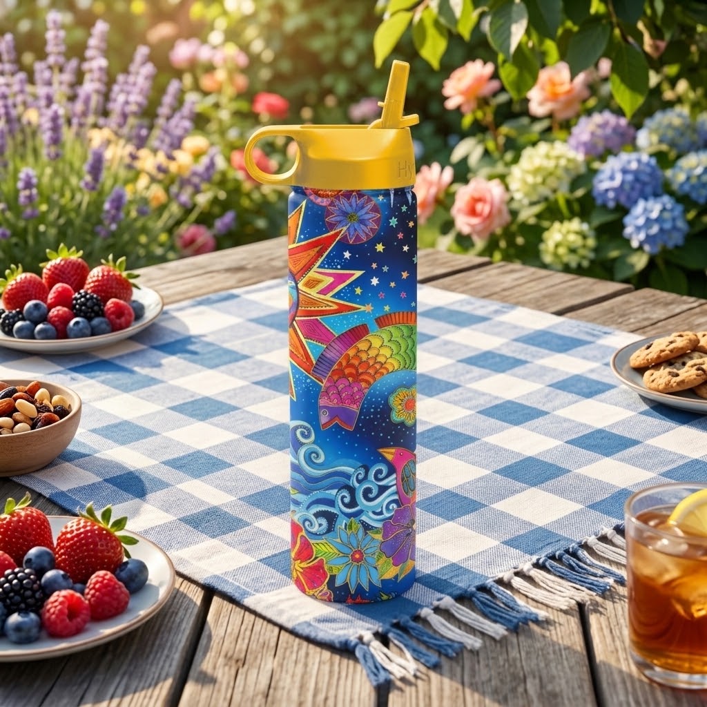 Laurel Burch "Celestial Magic" 24 oz Insulated Tumbler at a summer picnic scene