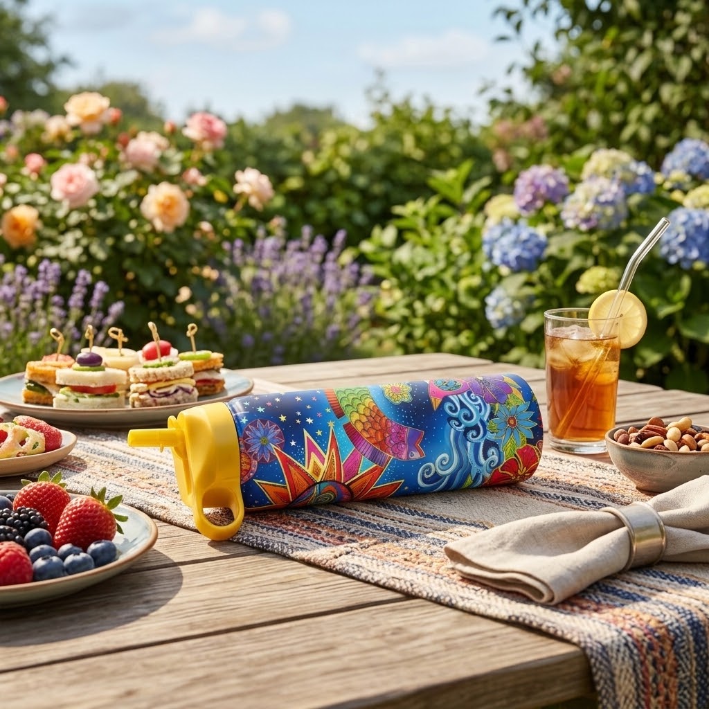 Laurel Burch "Celestial Magic" 24 oz Insulated Tumbler with sandwiches, fruits and iced tea