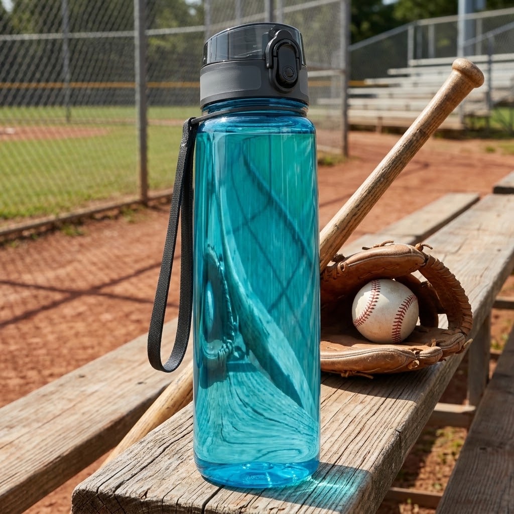 Tritan Sports Water Bottle with Carry Loop on a wooden bleacher with a baseball bat, catcher's mitt and ball