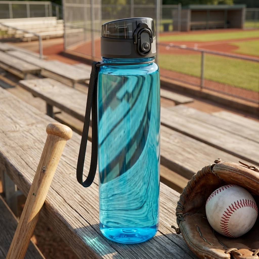 Tritan Sports Water Bottle with Carry Loop on wooden bleachers at a baseball field