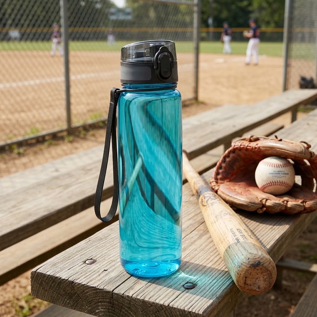 Tritan Sports Water Bottle with Carry Loop at a baseball game on a summer day