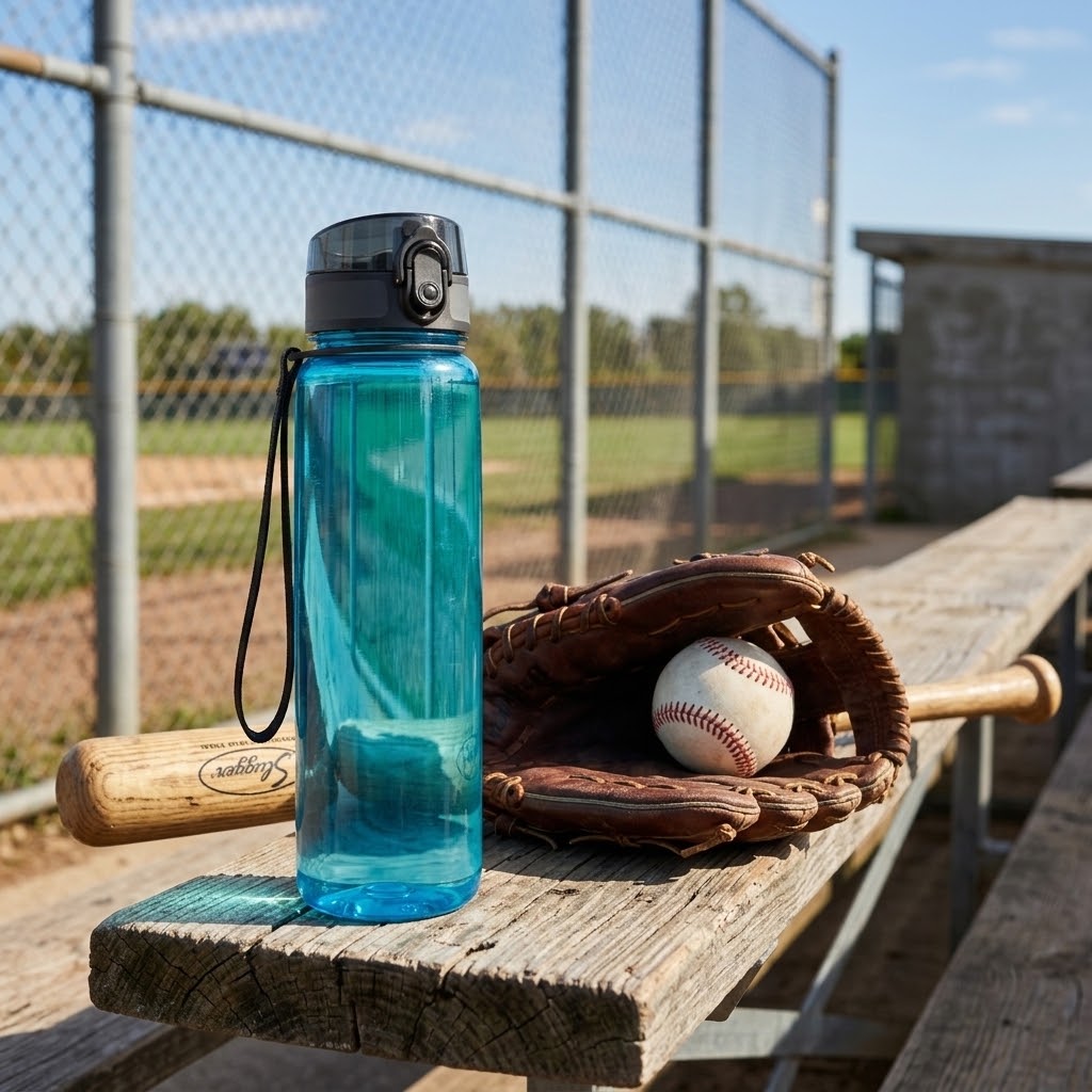 Tritan Sports Water Bottle with Carry Loop with baseball gear at a ball diamond