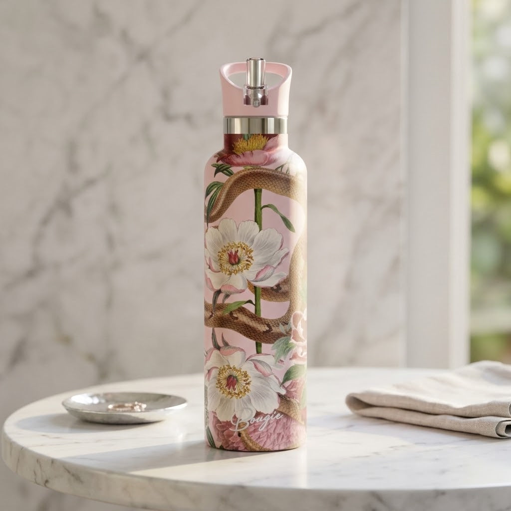 Taboo 25 oz Insulated Bottle | Victorian Serpent Floral on a marble table